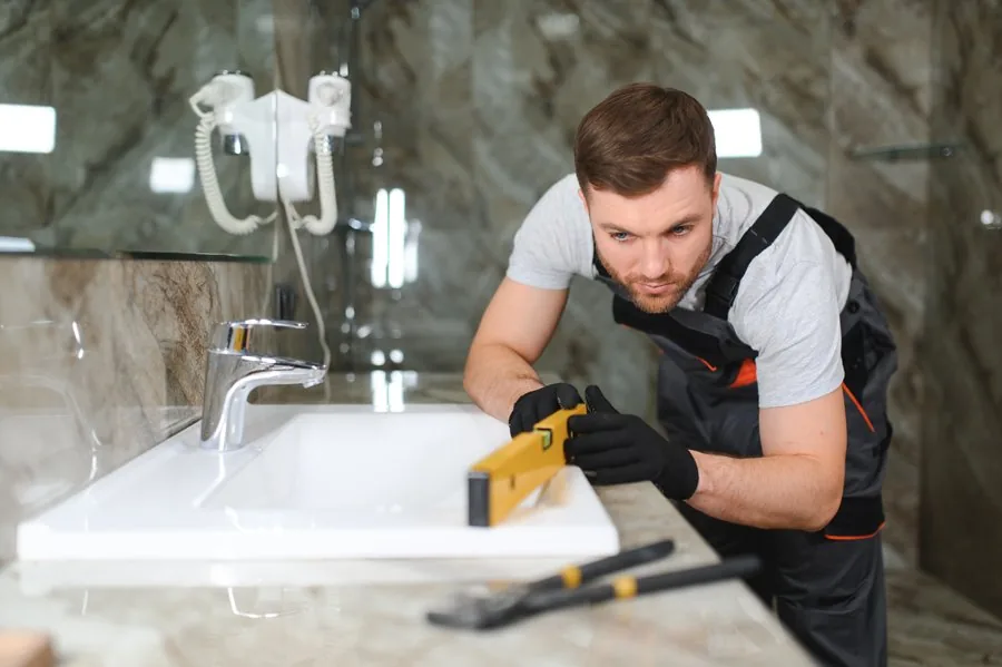A man in overalls repairs a bathroom sink, focused on his task with tools nearby.