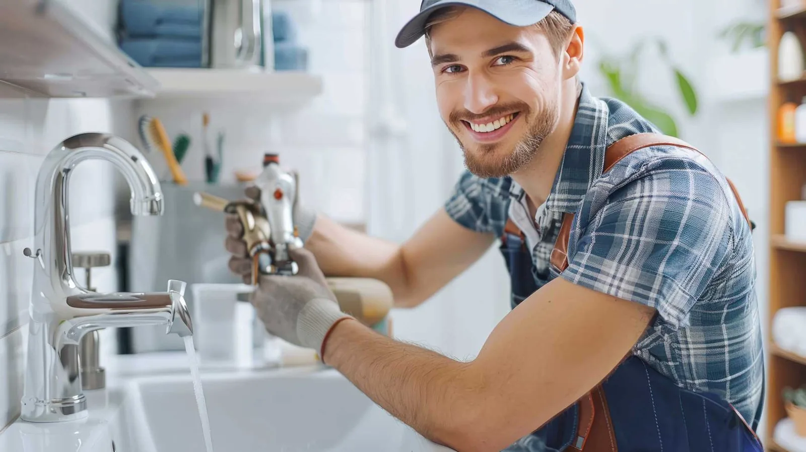 A man in overalls smiles while holding a faucet, showcasing a cheerful demeanor and a sense of pride in his work.