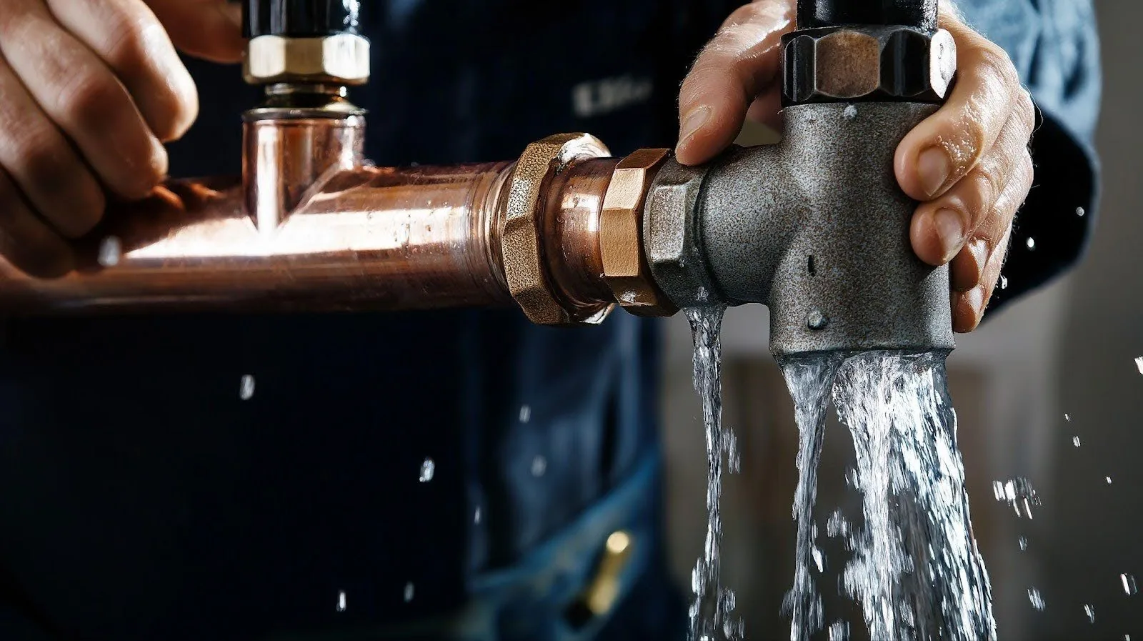 A man pours water from a kitchen faucet, demonstrating the flow of water into a glass.