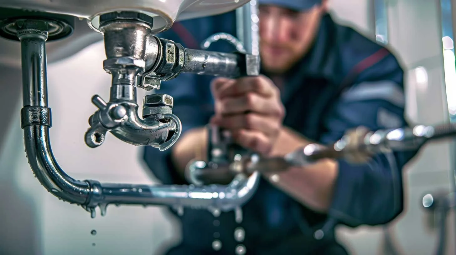 A man repairs a sink faucet while water flows from it, demonstrating a hands-on approach to home maintenance.