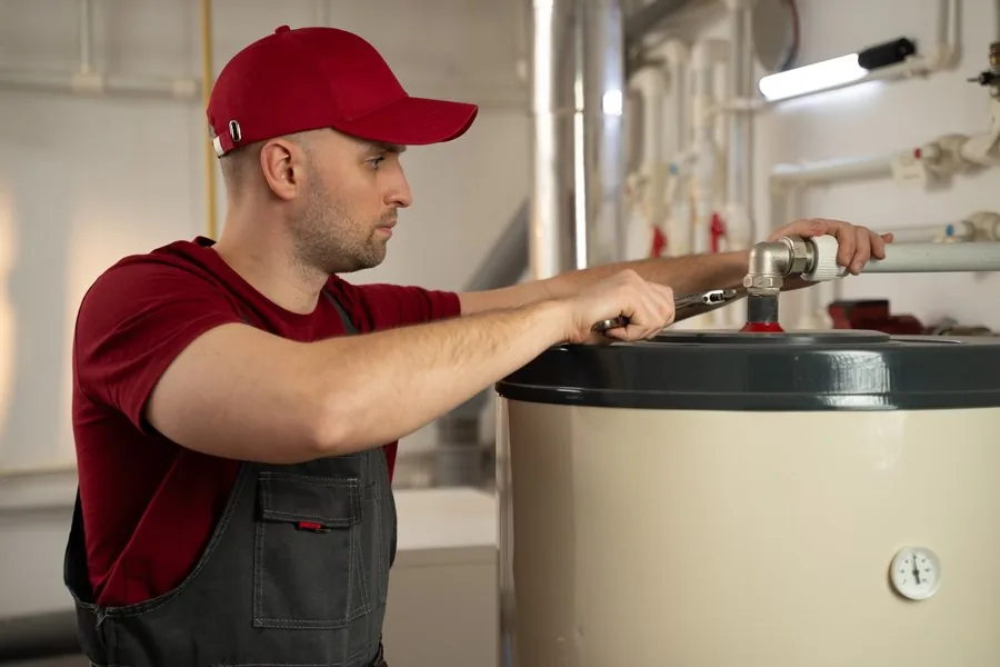 A man wearing a red hat and overalls repairs a water heater, focused on his task in a well-lit environment.